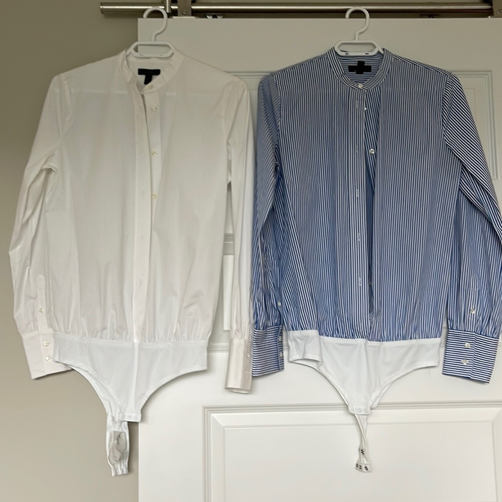 Lot of 2 JCrew button down body suits: white and blue and white stripe. NWOT.